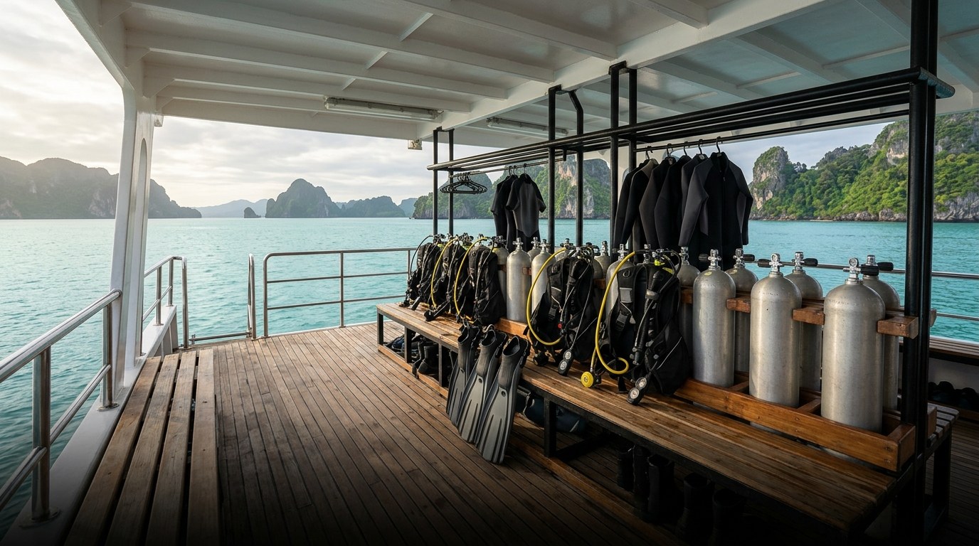AI illustration of a liveaboard dive preparation deck